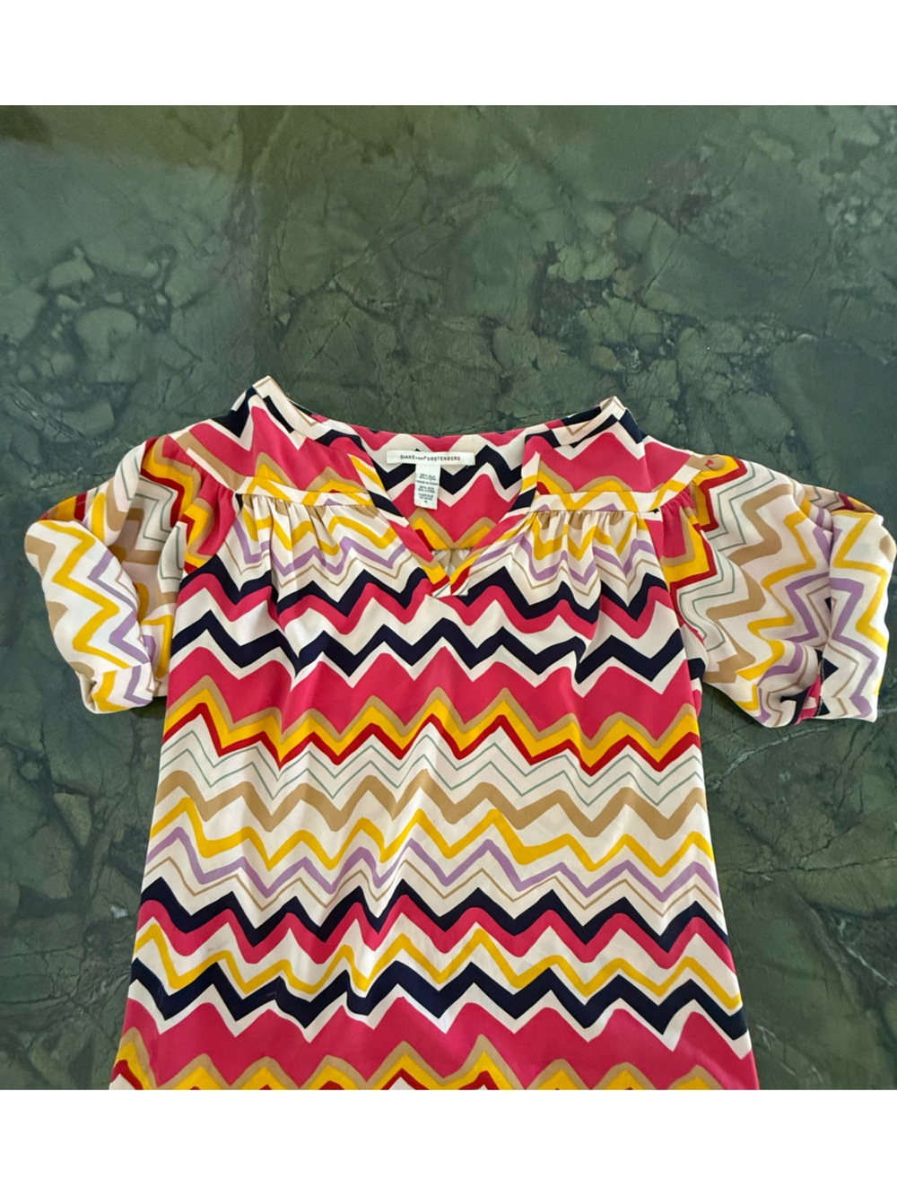 Diane von Furstenberg Chevron Silk Top in Pink, Yellow, Navy & Cream